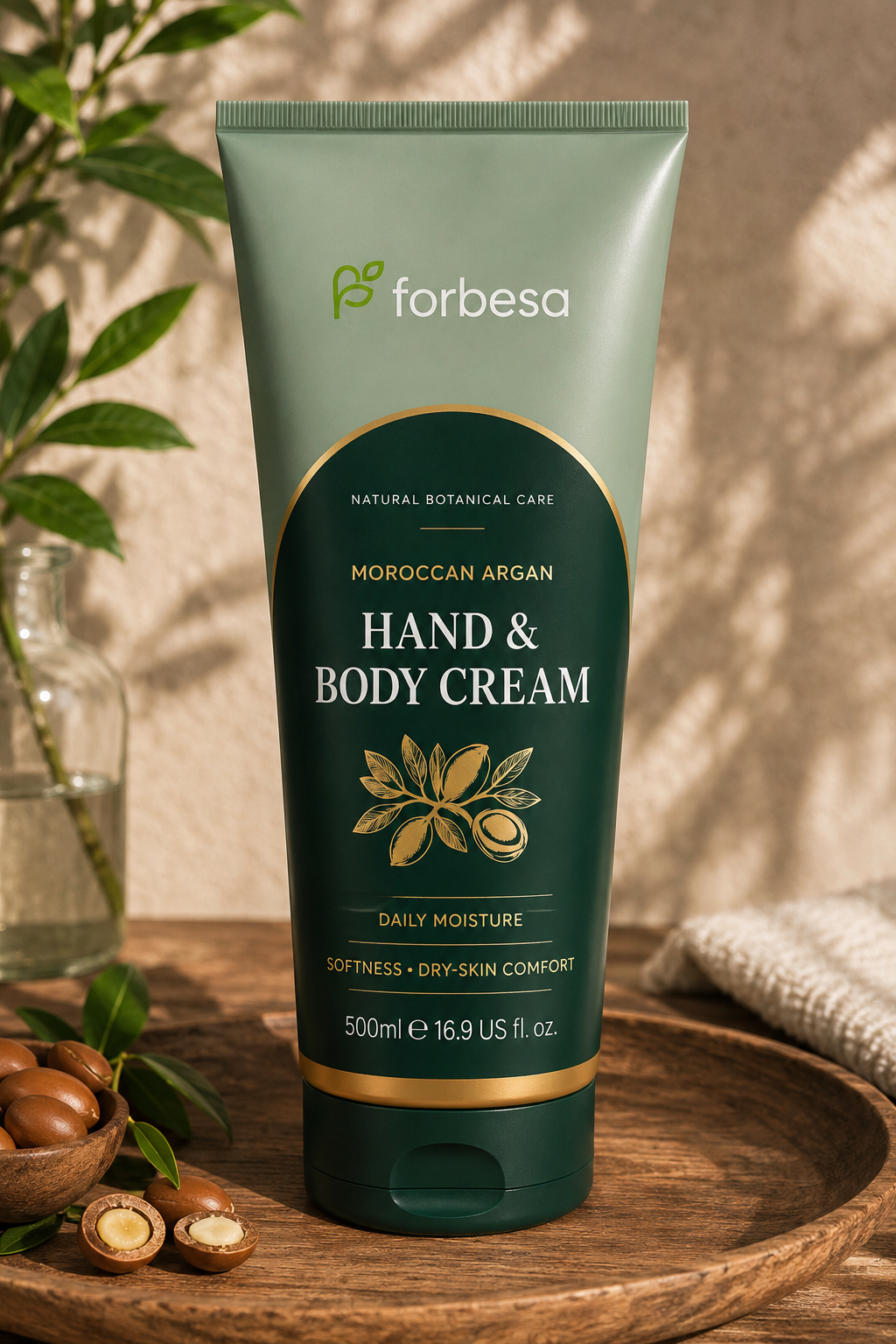 A 500ml squeeze tube of Forbesa Moroccan Argan Hand & Body Cream, standing upright on a rustic wooden tray. The background features a textured beige wall with soft leaf shadows, a glass vase with green leaves, and argan nuts, creating a warm, natural aesthetic.